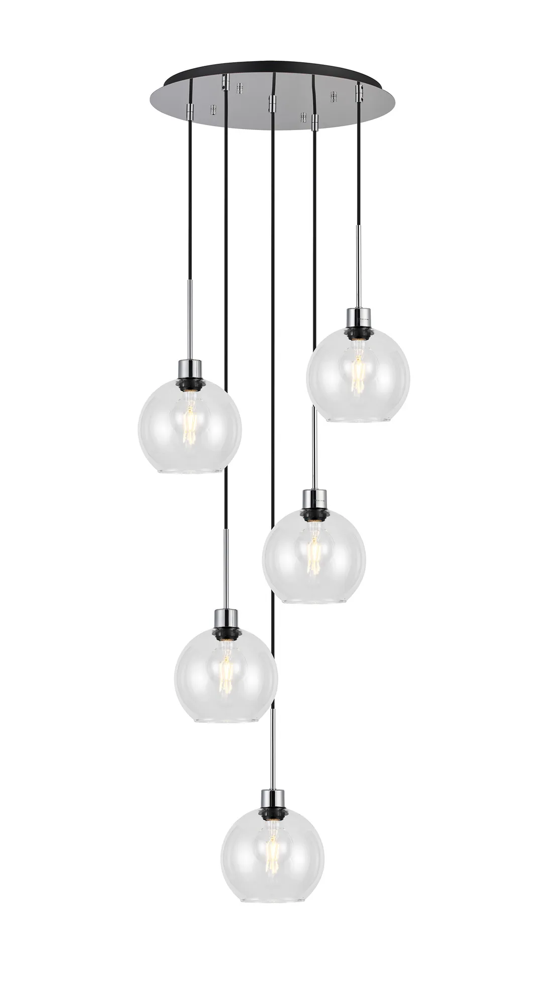 DK1286  Lori 45cm Round Pendant, 5 Light Adjustable E27, Polished Chrome/Clear Open Mouth Round Globe Shades